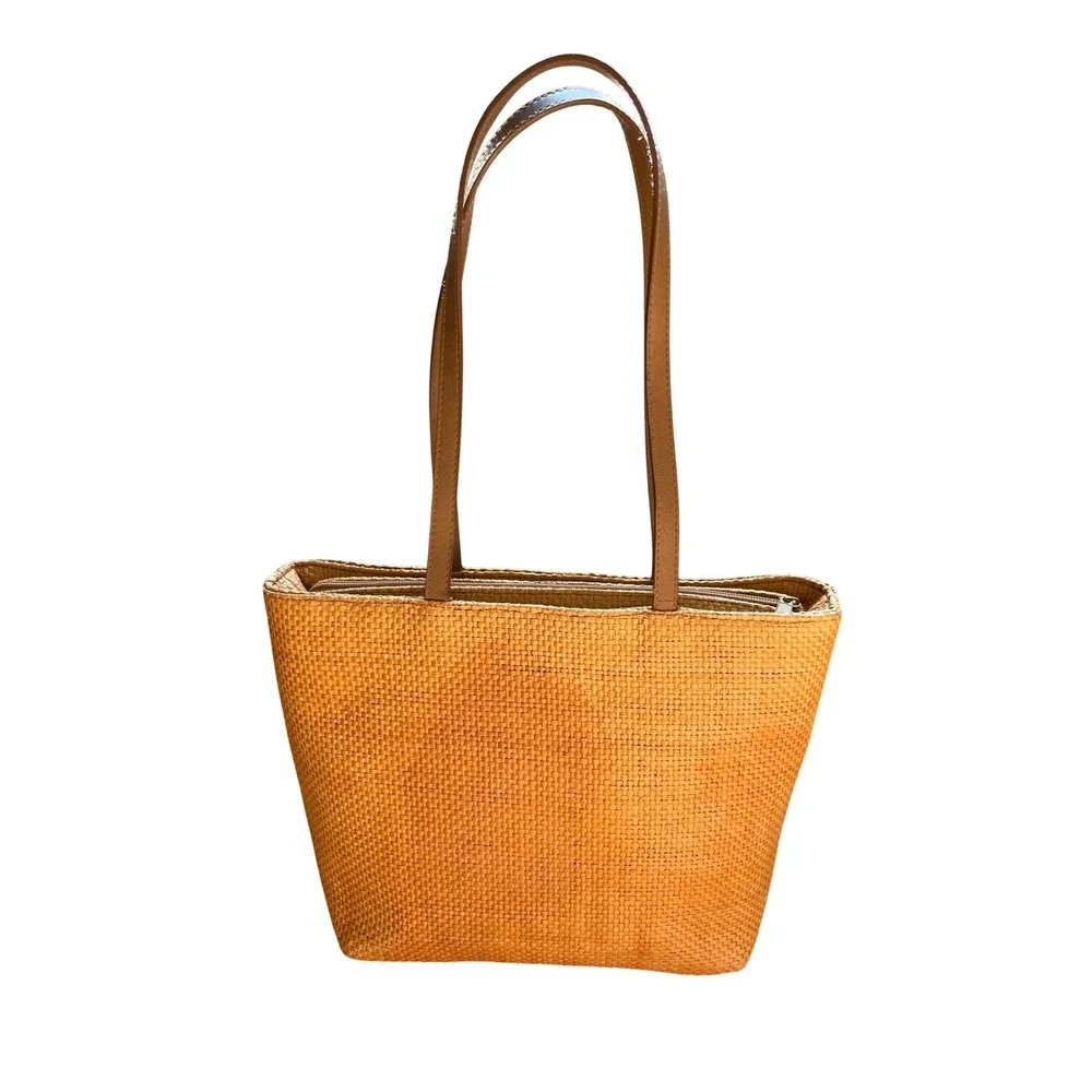 Cappelli Straworld Woven Straw Tote Bag 3D Ribbon Floral Basket Tan Shoulder Bag